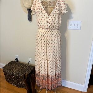 Chic Floral Cream and Orange Midi Dress